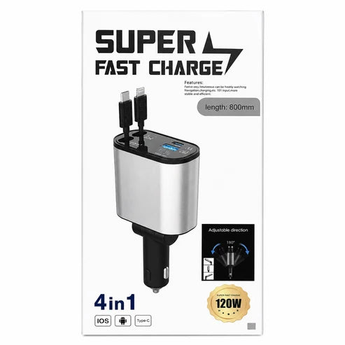120W 4-in-1 Super Fast Car Charger with Built-in USB-C & Lightning Cables